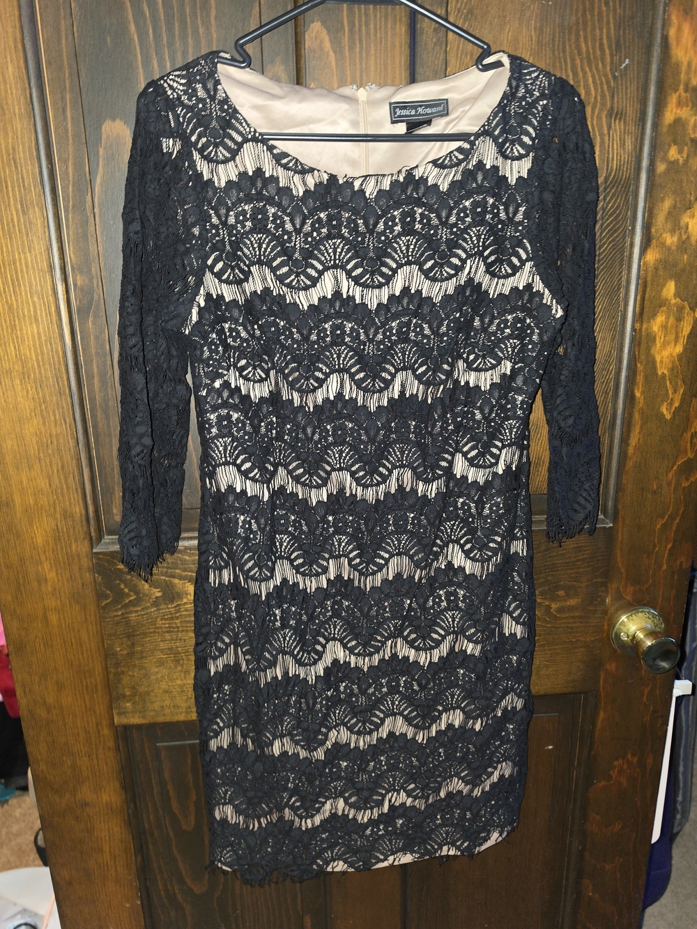 Jessica Howard Black Lace Over Nude Sheath Dress